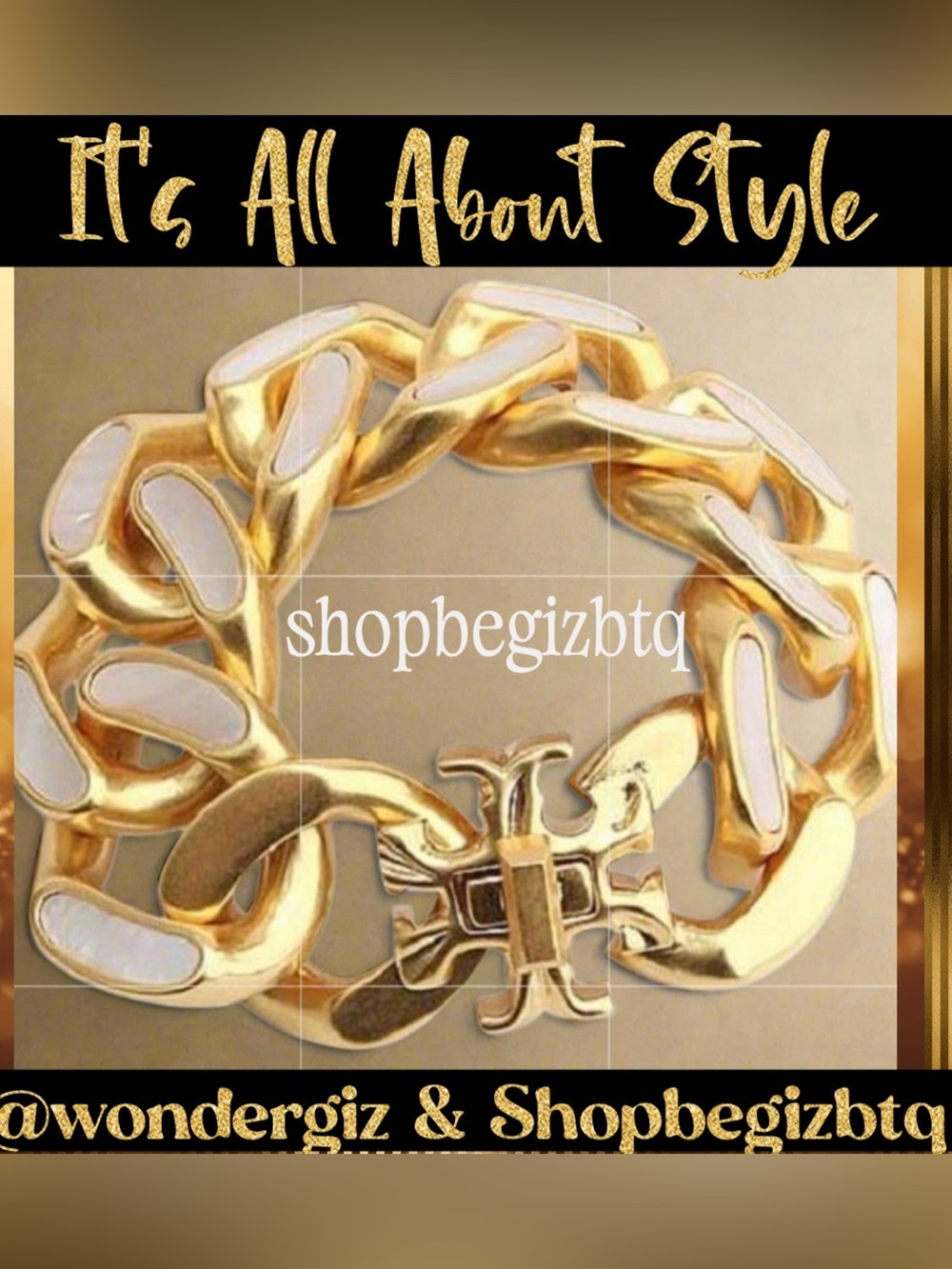 🆕Tory Burch Authentic Roxanne Inlay Chunky Huge Gold & Mother Of Pearl Bracelet